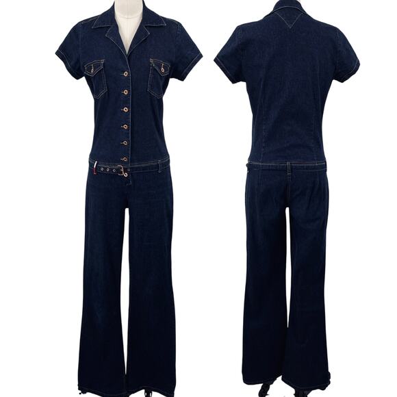 Vintage 90s Tommy Hilfiger Denim Jumpsuit Wide Leg Button Front Belted Medium - Picture 1 of 10